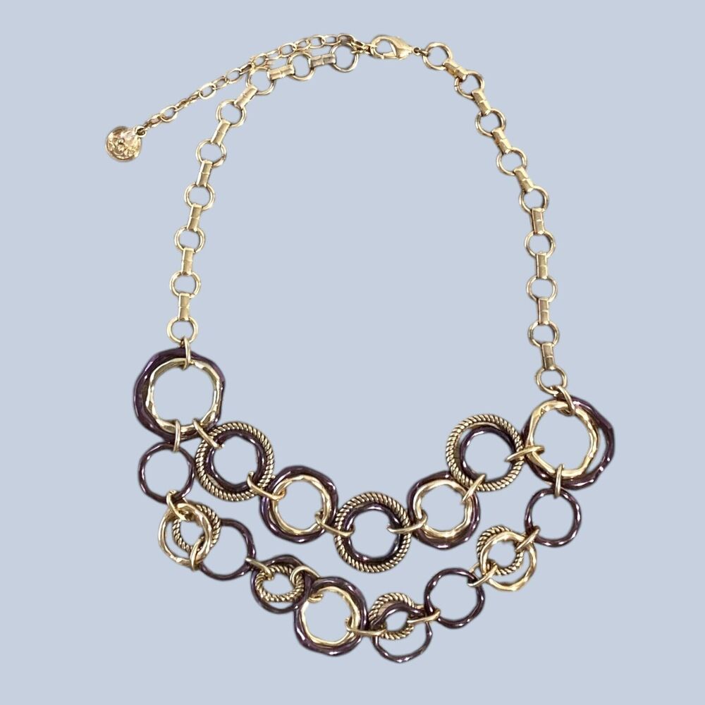 Gold Tone Purple Concentric Ring Necklace Chunky Geometric Chain Link Jewelry